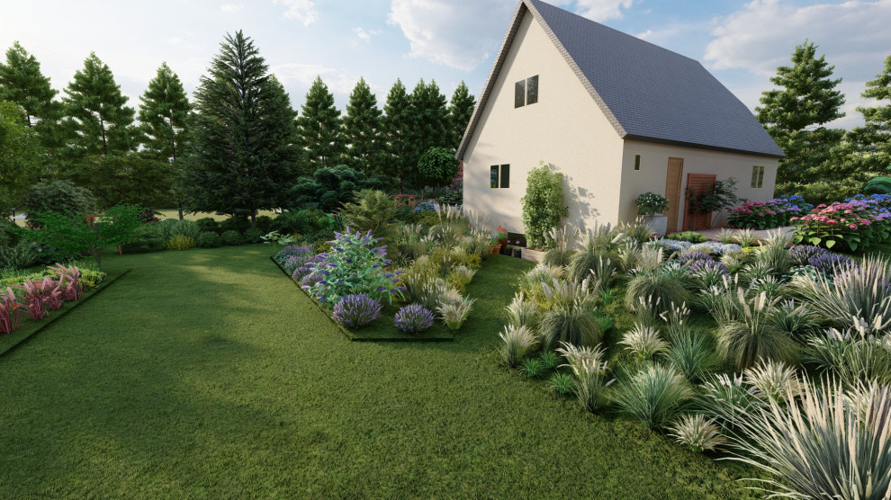 Inspiration for a large country sloped partial sun garden for summer in Le Havre with with pond and decking.