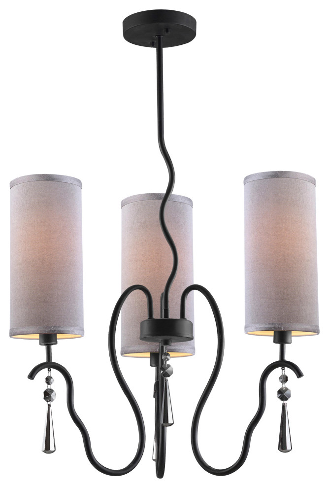 Haley 3-Light Chandelier, Seedy and Plated Amber Glass, Fabric Shade, Grey Shade
