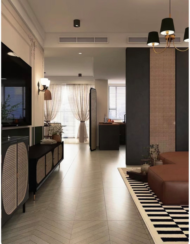 Idées déco pour un petit salon asiatique avec un mur vert, un sol en carrelage de céramique, un sol multicolore, un plafond décaissé et du lambris.