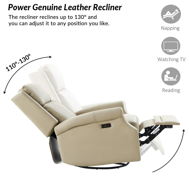Genuine Leather Swivel Rocker Power Recliner With USB and Type-C ...