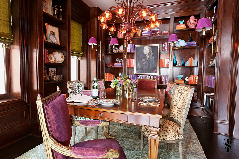 Inspiration for a huge eclectic dark wood floor enclosed dining room remodel in Chicago with brown walls