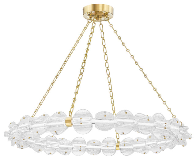 Lindley LED Chandelier, Small, Aged Brass Frame, Etched Shade
