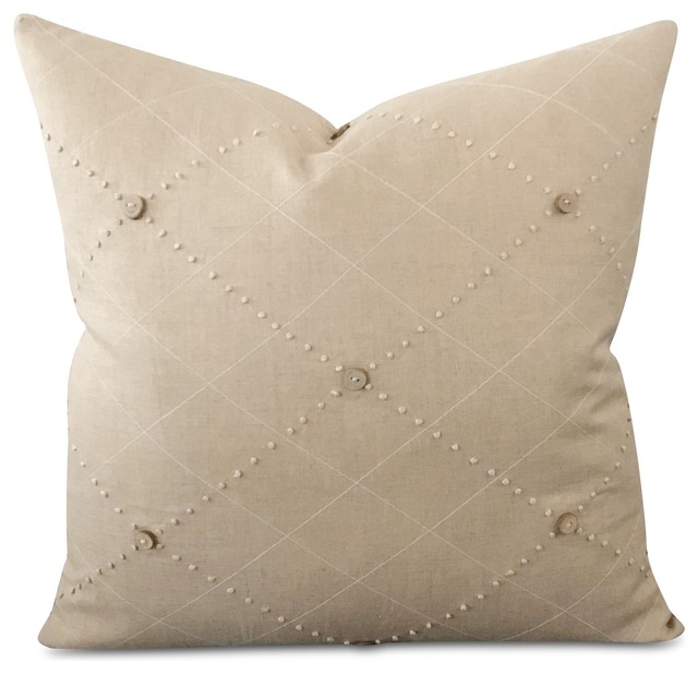 20"x20" Beige Linen Button Tufted Luxury Woven Decorative Pillow Cover