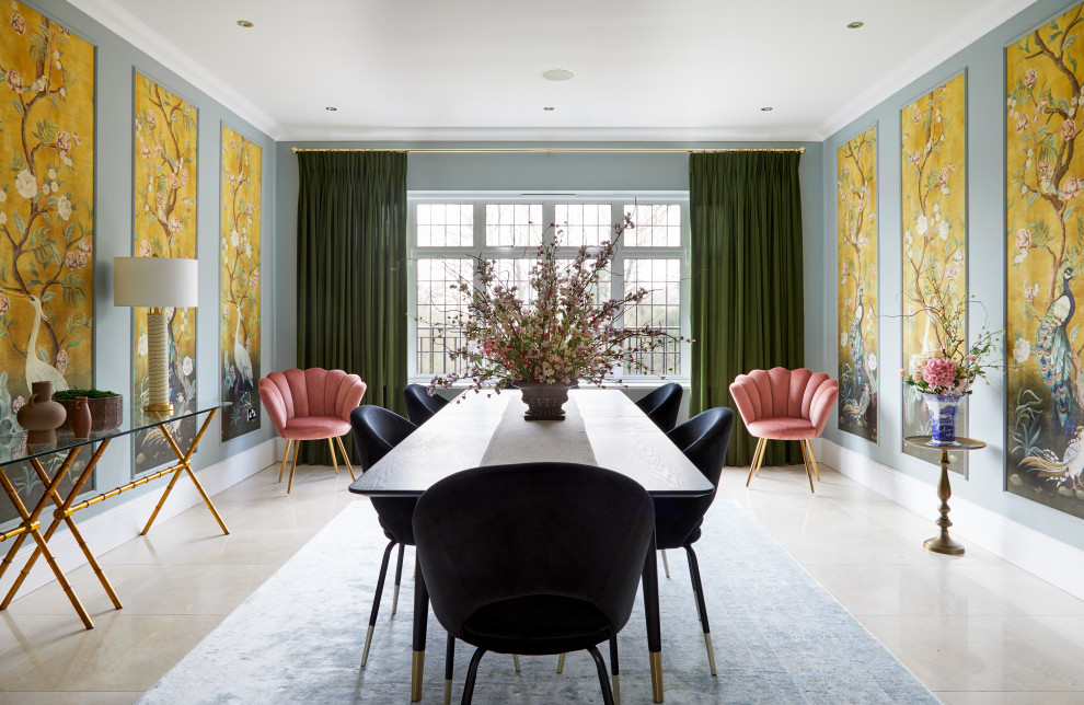Large contemporary enclosed dining room in London with limestone flooring and panelled walls.