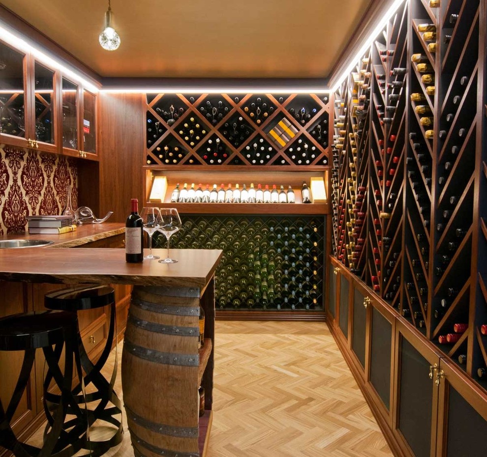Design ideas for a mid-sized traditional wine cellar in Perth with storage racks, medium hardwood floors and yellow floor.