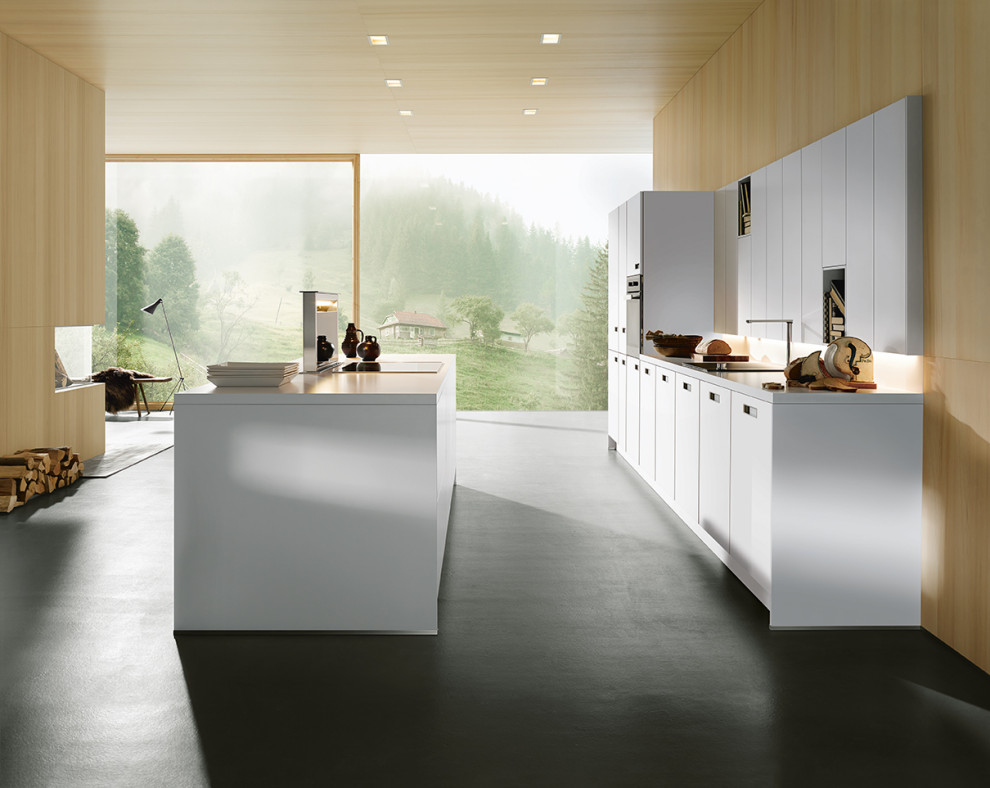 Esempio di una cucina ad ambiente unico design con ante lisce, ante bianche e penisola