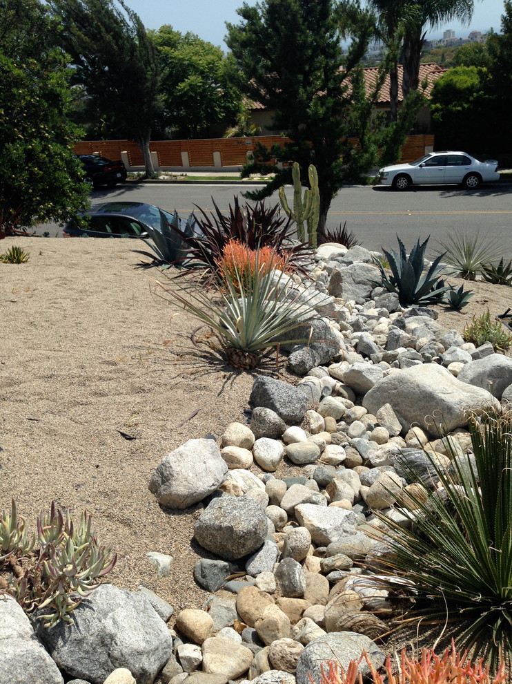 This is an example of a large front yard partial sun xeriscape in Los Angeles.