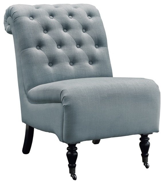 Cora Washed Blue Linen Roll Back Tufted Chair, 23.5W X 37D X 35.5H, Antique Gray