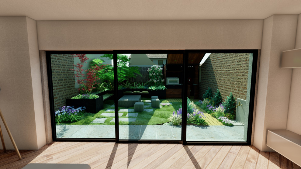 Foto di un piccolo orto rialzato minimalista esposto in pieno sole in cortile con pavimentazioni in pietra naturale