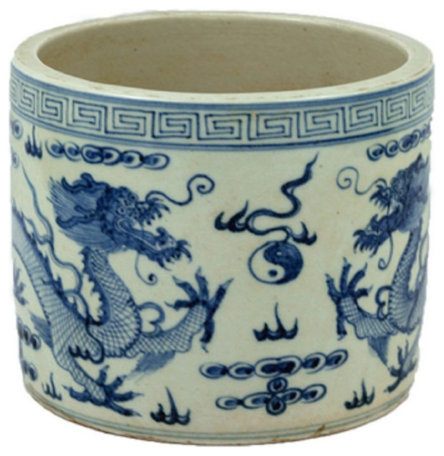 Blue And White Porcelain Dragon Motif Flower Pot 7 Asian Indoor Blue And White Porcelain Dragon Motif Flower Pot 7