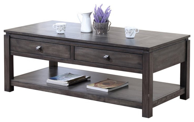 Sunset Trading Shades of Gray Wood Coffee Table with Drawers and Shelf in Gray