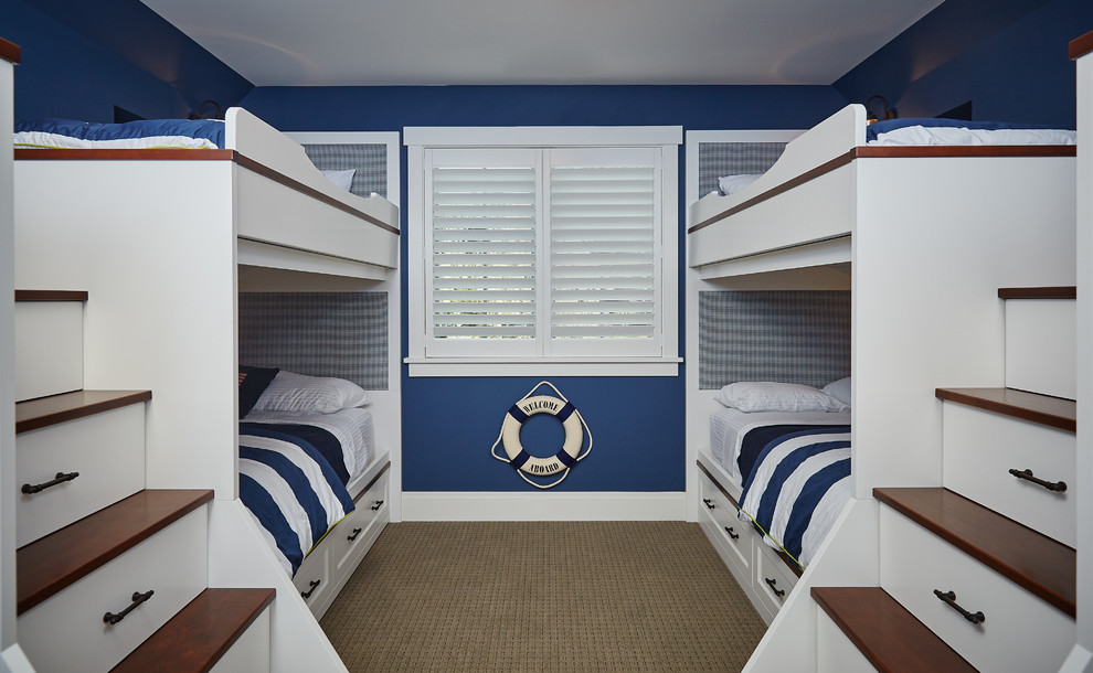 Design ideas for a mid-sized transitional guest bedroom in Grand Rapids with blue walls and carpet.