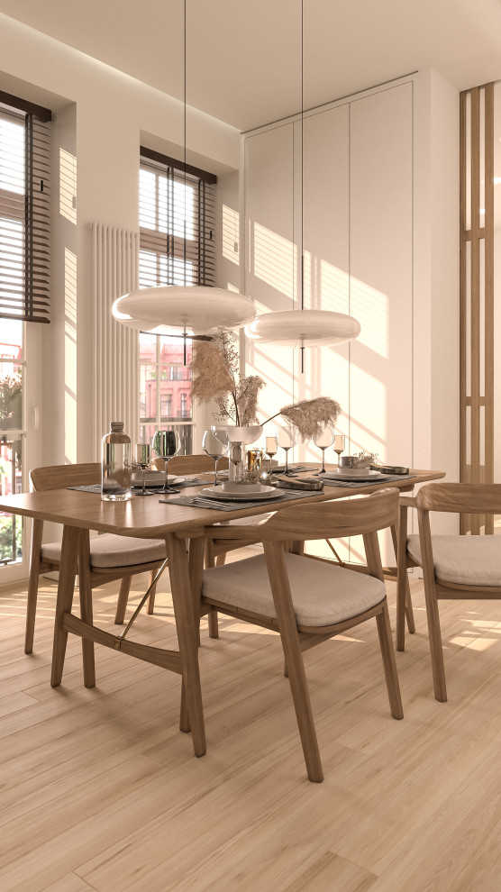 Idées déco pour une salle à manger ouverte sur la cuisine contemporaine de taille moyenne avec un mur blanc, un sol en bois brun, un sol beige et un plafond décaissé.