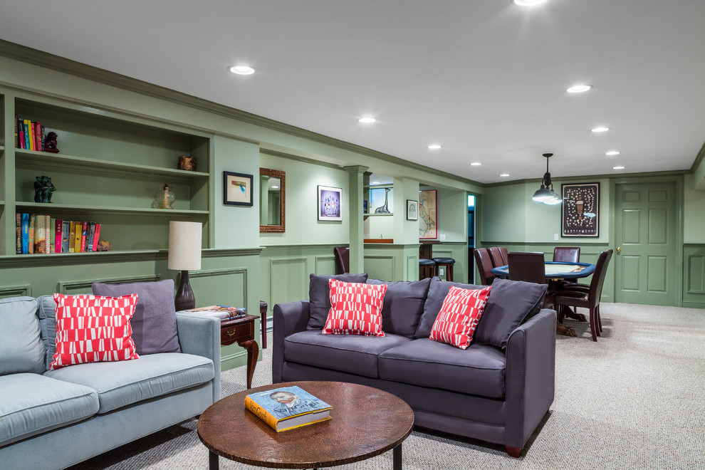 Large traditional look-out basement in Boston with green walls, carpet and no fireplace.