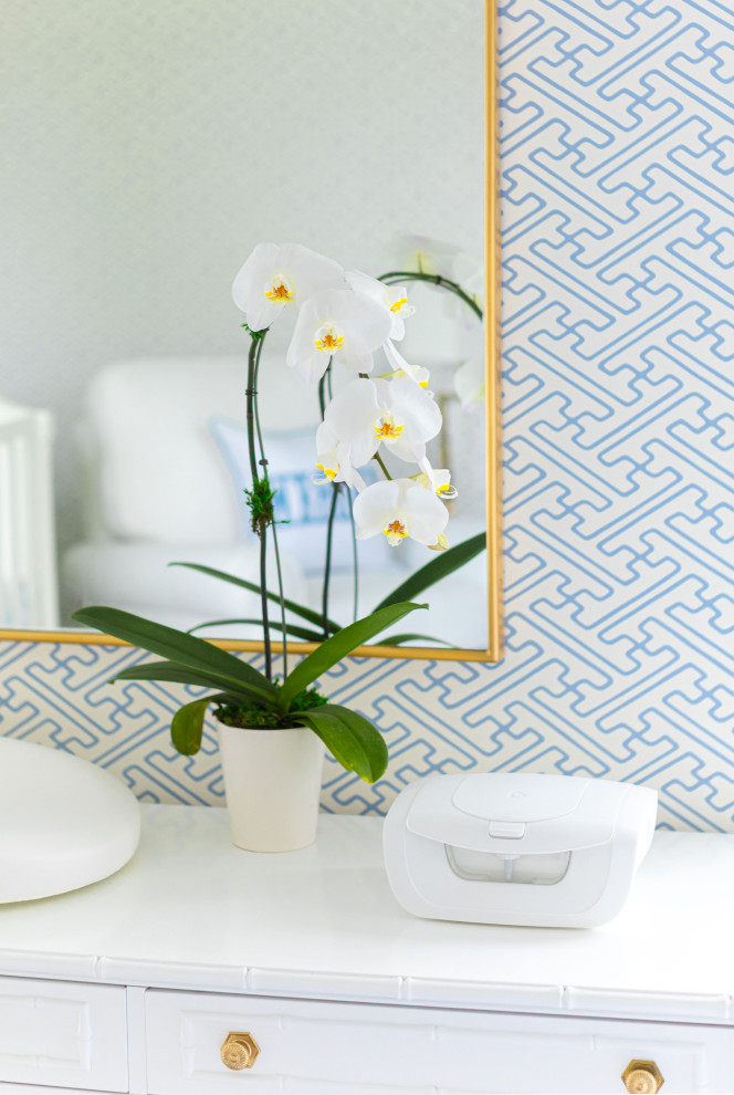 Baby Boy Nursery - Inspiration for a mid-sized transitional boy blue floor and wallpaper nursery remodel in Austin