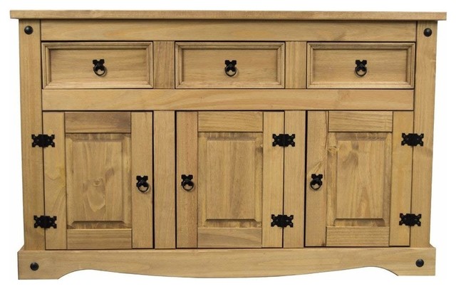 Traditional Sideboard, Solid Pine Wood With 3-Door and 3-Storage Drawers