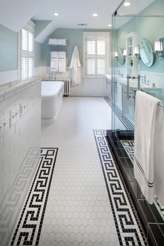 Example of a mid-sized classic master multicolored tile and mosaic tile freestanding bathtub design in DC Metro with a console sink, recessed-panel cabinets, white cabinets, a two-piece toilet and green walls