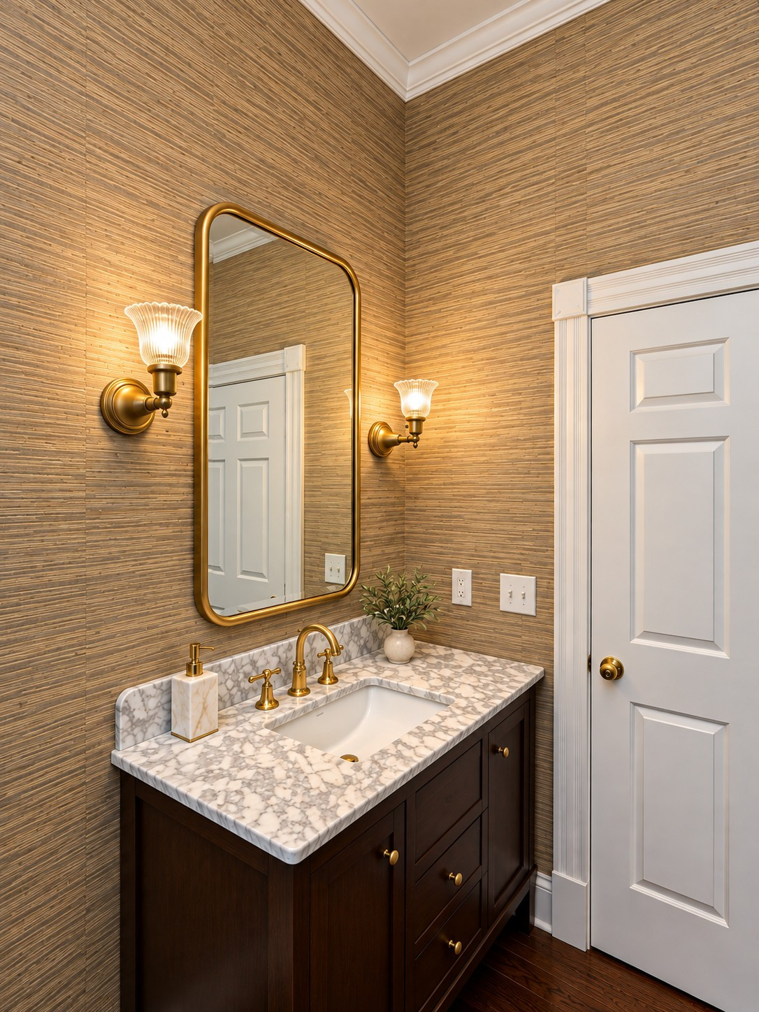 Elegant Transitional Guest Bathroom with Grasscloth Wallpaper