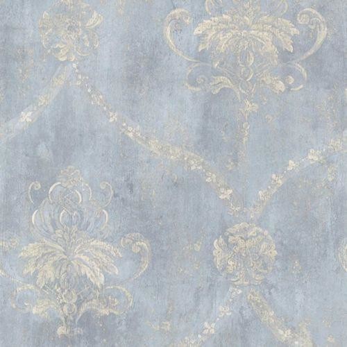 Blue and Cream Weathered Damask Wallpaper Contemporary Wallpaper
