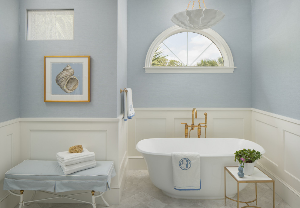 Design ideas for a mid-sized mediterranean master bathroom in Tampa with an undermount sink, a double vanity, a corner tub, a shower/bathtub combo and an open shower.