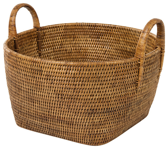 La Jolla Round Rattan Laundry Basket With Ear Handles, Honey Brown