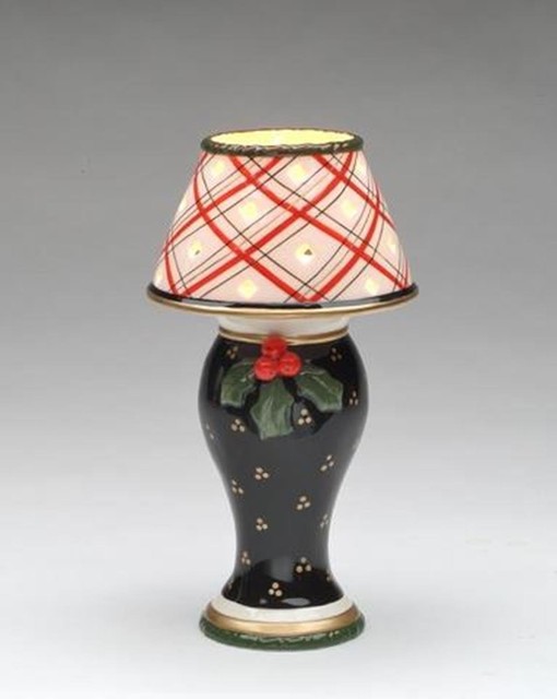 Christmas Holiday Themed T-Light Porcelain Lamp with Striped Shade