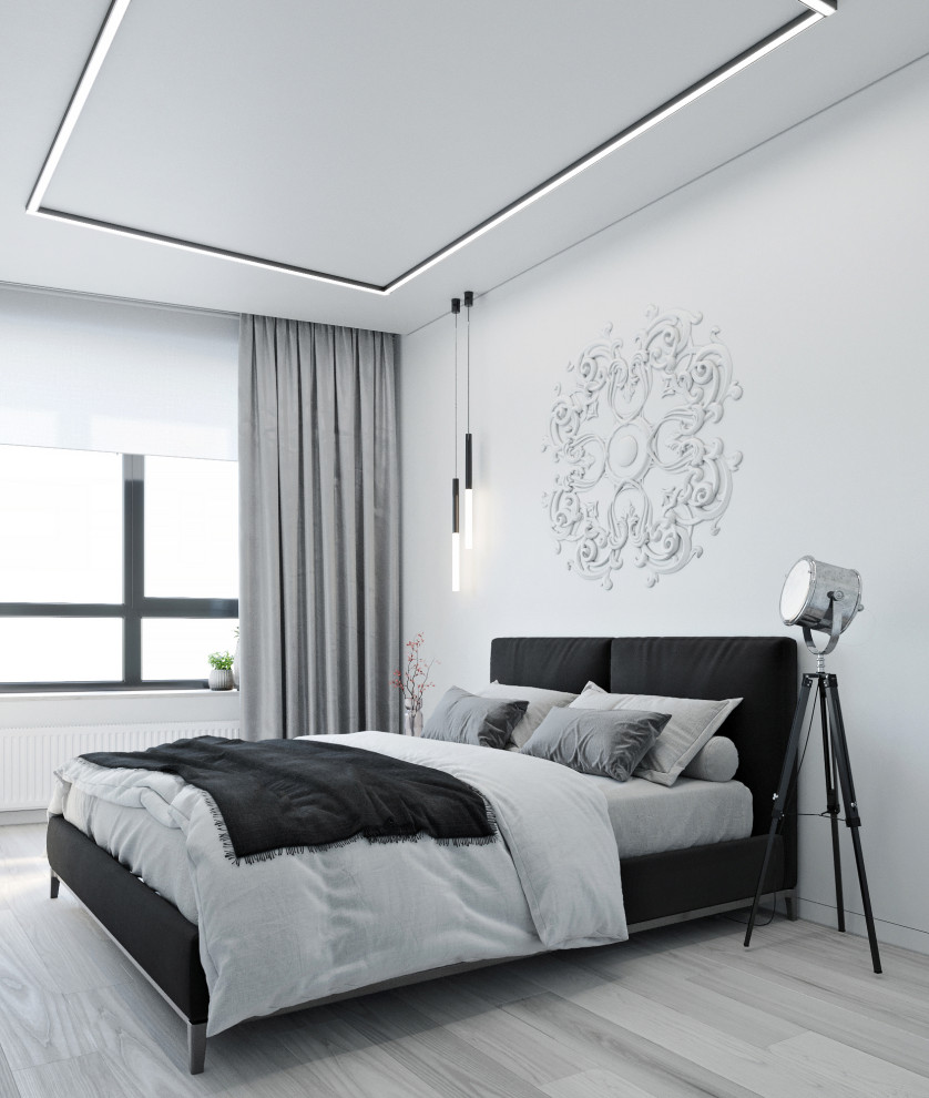 This is an example of a mid-sized contemporary master bedroom in Other with white walls, light hardwood floors and grey floor.