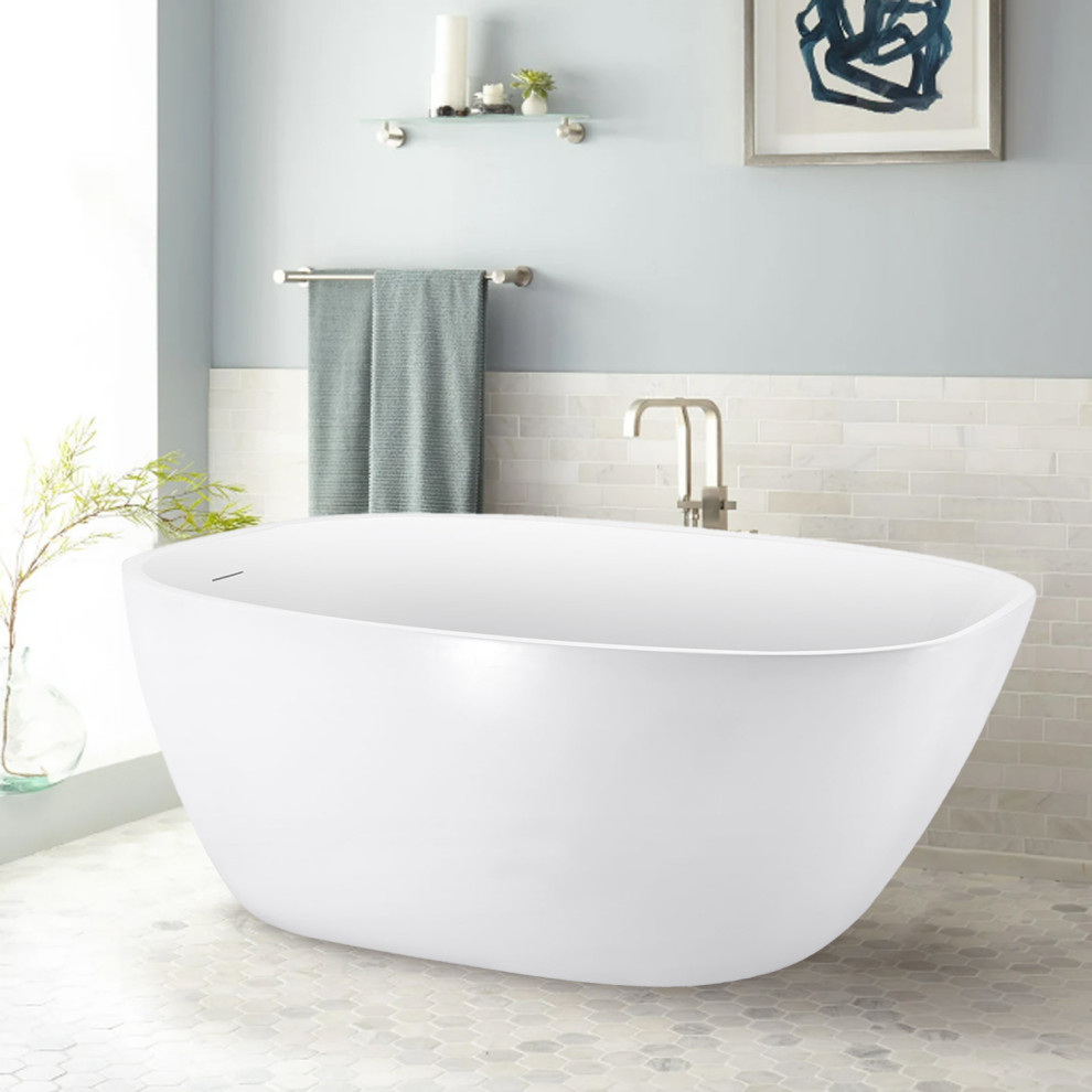 100 Acrylic Freestanding Bathtub, Deep Soaking Tub, Glossy White, 59