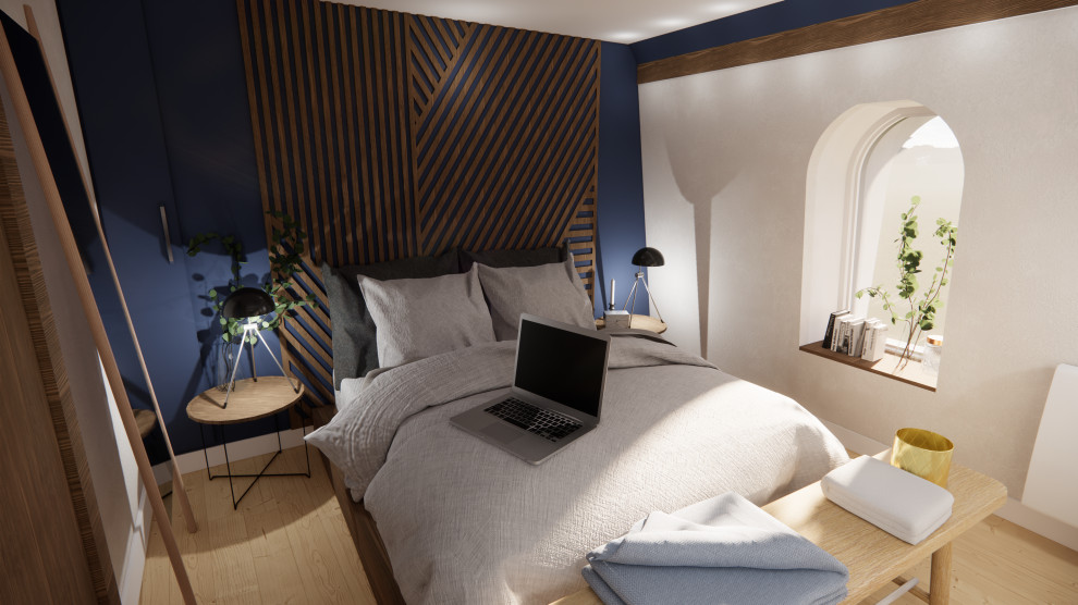 ディジョンにある小さなエクレクティックスタイルのおしゃれな寝室 (青い壁、淡色無垢フローリング、暖炉なし、ベージュの床) のインテリア