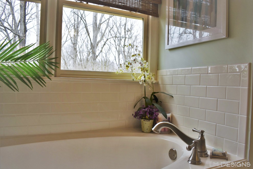 Mid-sized transitional master white tile and subway tile alcove bathtub photo with green walls