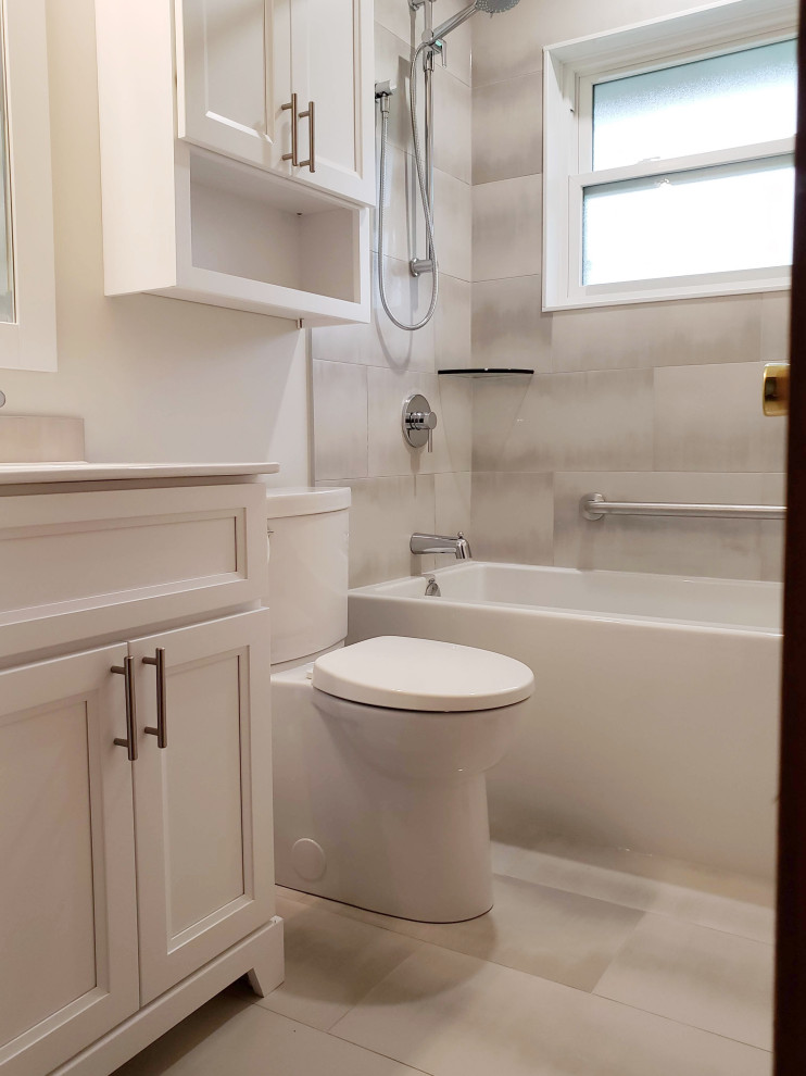 Design ideas for a small modern bathroom in Other with shaker cabinets, white cabinets, an alcove tub, a shower/bathtub combo, a one-piece toilet, white tile, porcelain tile, white walls, porcelain floors, an integrated sink, white floor, a shower curtain, white benchtops, a single vanity and a built-in vanity.