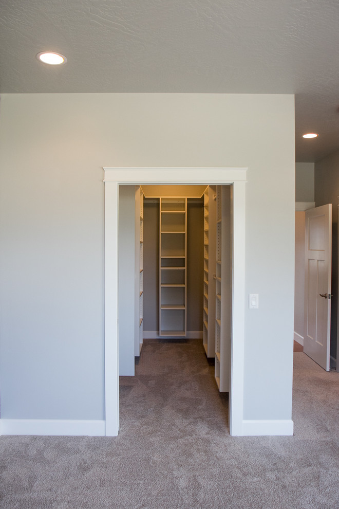 Small traditional gender-neutral walk-in wardrobe in Other with white cabinets and carpet.