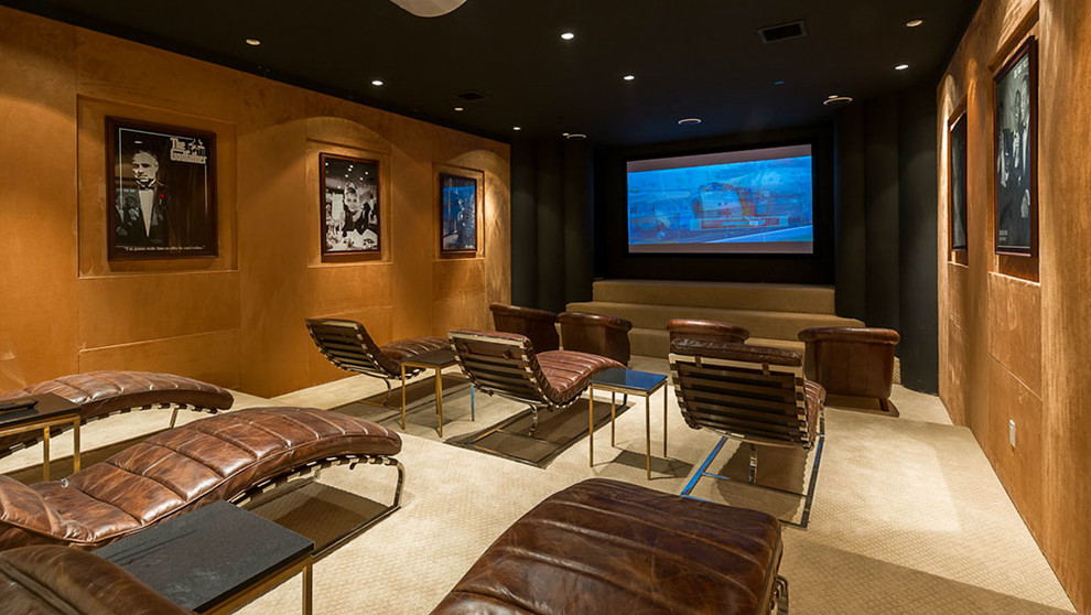 Inspiration for a contemporary home theatre in Los Angeles with black walls.