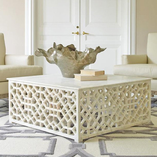 Indian Jali Coffee Table, Square Moroccan White Marble Cocktail Table ...