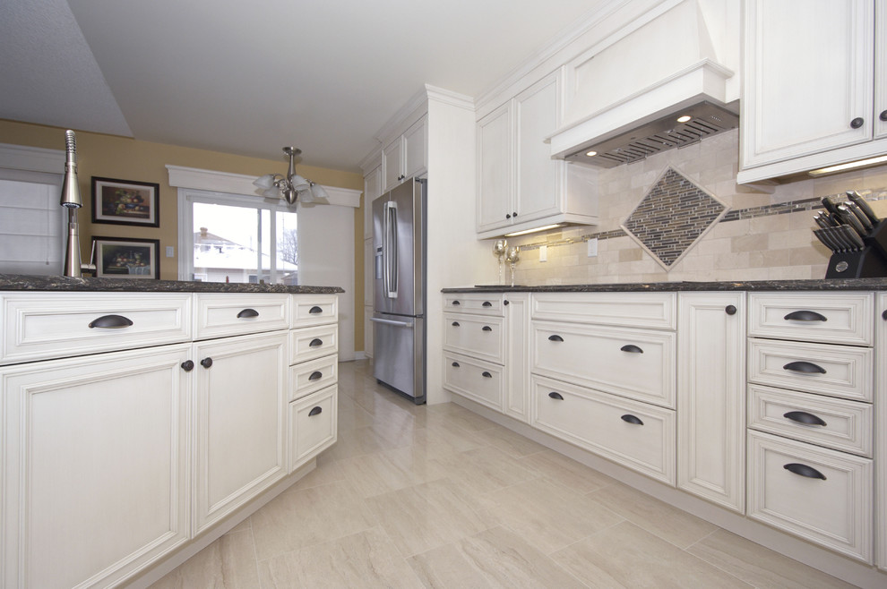 Mid-sized transitional single-wall ceramic tile eat-in kitchen photo in Toronto with a double-bowl sink, recessed-panel cabinets, beige cabinets, quartz countertops, beige backsplash, subway tile backsplash, stainless steel appliances and a peninsula