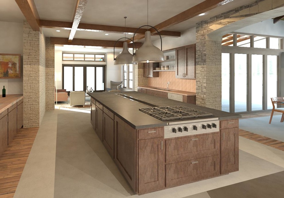 Design ideas for a mid-sized transitional u-shaped eat-in kitchen in Denver with medium wood cabinets, with island, an undermount sink, recessed-panel cabinets, soapstone benchtops, multi-coloured splashback, stone slab splashback, panelled appliances and concrete floors.