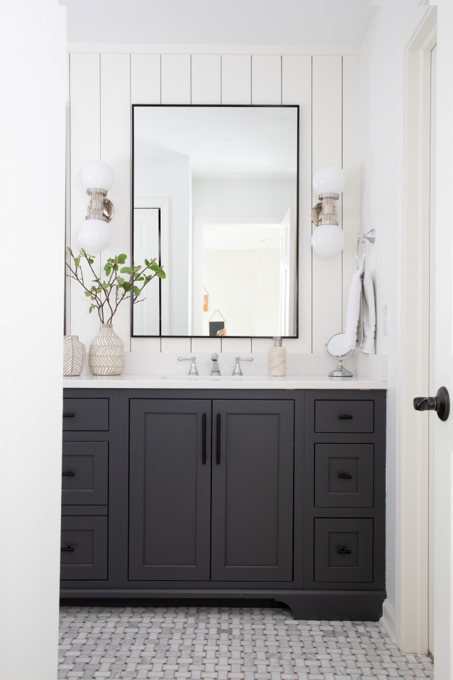 Transitional bathroom in Indianapolis with shaker cabinets, grey cabinets, white walls, mosaic tile floors, an undermount sink, grey floor, white benchtops, a single vanity, a built-in vanity and planked wall panelling.