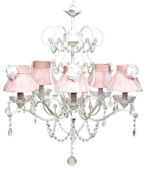 5 Light White Grace Chandelier With Pink Skirt Shades