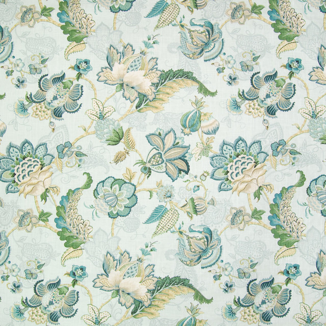 Mist Blue Teal Floral Linen Made in USA Print Upholstery Fabric