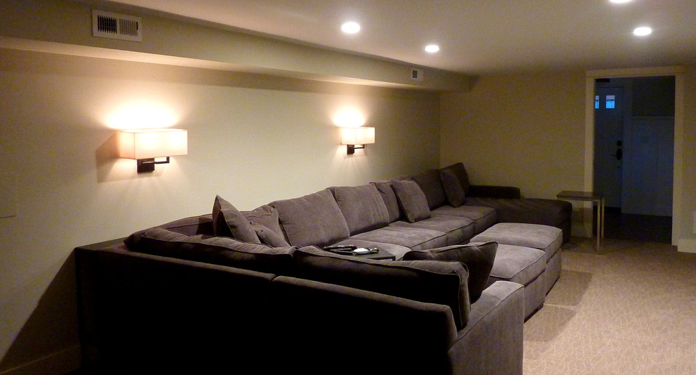 Photo of a small contemporary home theatre in Seattle with white walls and carpet.