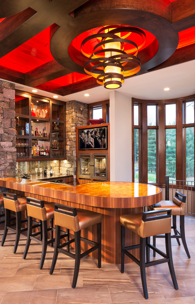 This is an example of an expansive contemporary seated home bar in Minneapolis with ceramic floors, open cabinets and dark wood cabinets.