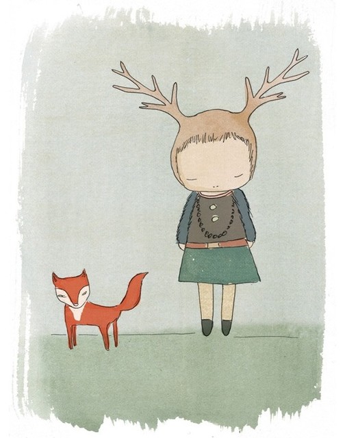 Whimsical Deer Print with Red Fox by Honey Cup