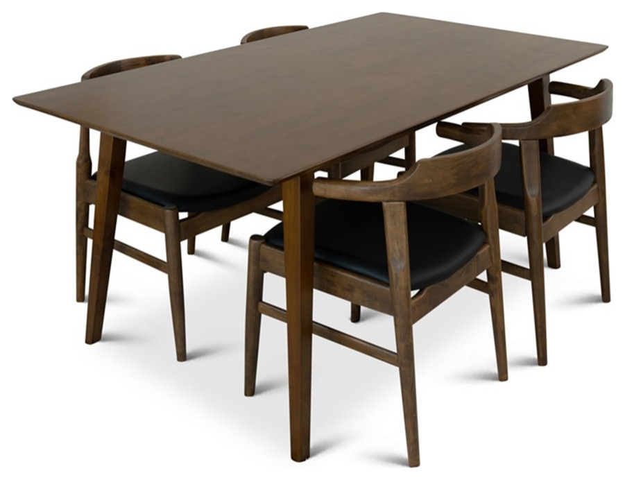 Dartmouth Dining Room & Kitchen Solid Wood Table and Black Leather Chair Set - Midcentury ...
