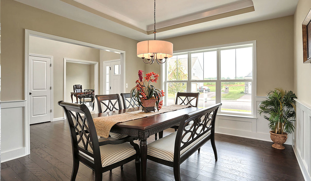 Inspiration for a large traditional separate dining room in Other with beige walls and dark hardwood floors.