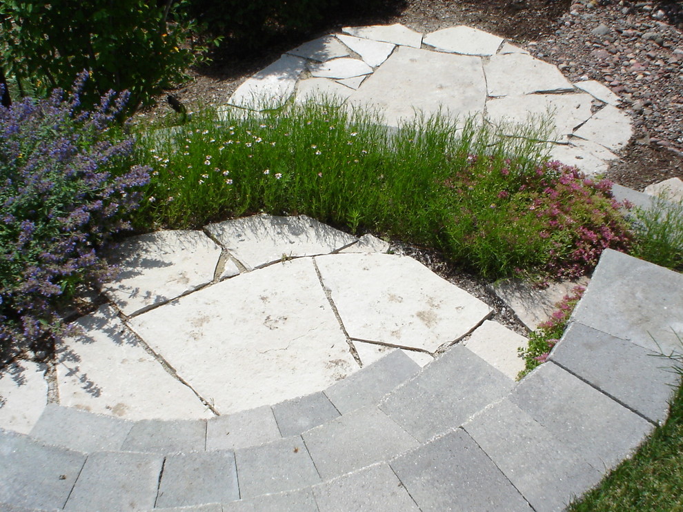 This is an example of a mid-sized transitional full sun backyard stone landscaping in Chicago for spring.