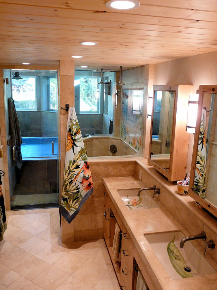 Large beach style master bathroom in Other with an undermount sink.