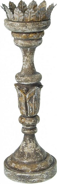 Candleholder Candlestick Brown Distressed Gray Gold Accents Wood