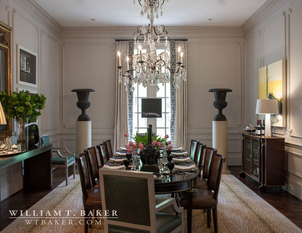 Photo of a large transitional separate dining room in Atlanta with grey walls and dark hardwood floors.