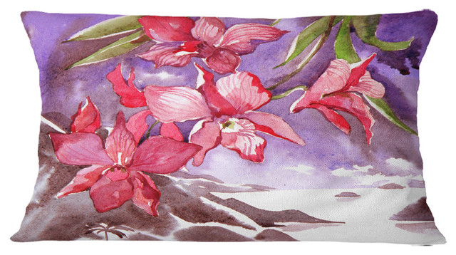 Red Orchid With Sea Floral Throw Pillow, 12"x20"