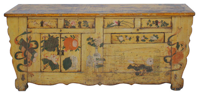 Chinese Distressed Yellow Oriental Flower Graphic Tv Console